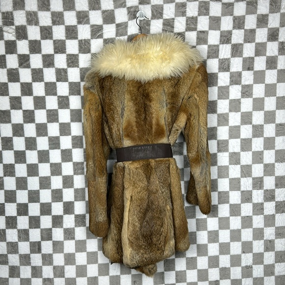 Vintage Genuine rabbit fur coat big collar chunky wool trim belt S *see note! - Picture 7 of 14